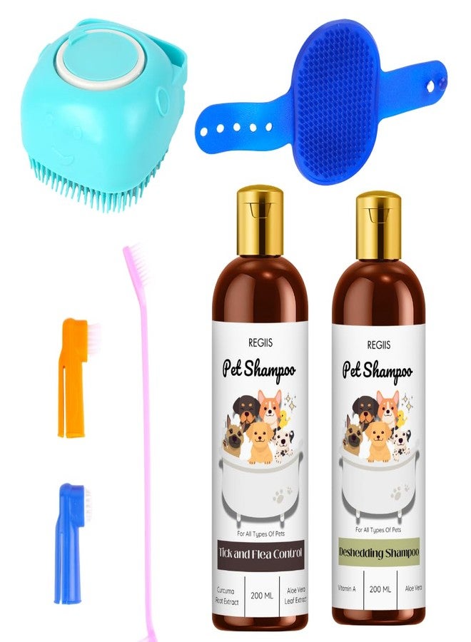 شامبو ريجيس للحيوانات الأليفة للكلاب، شامبو لمكافحة القراد والبراغيث وإزالة الشعر الزائد، 200 مل لكل عبوة، زجاجتان مع فرش للعناية (عبوة من 5 قطع)